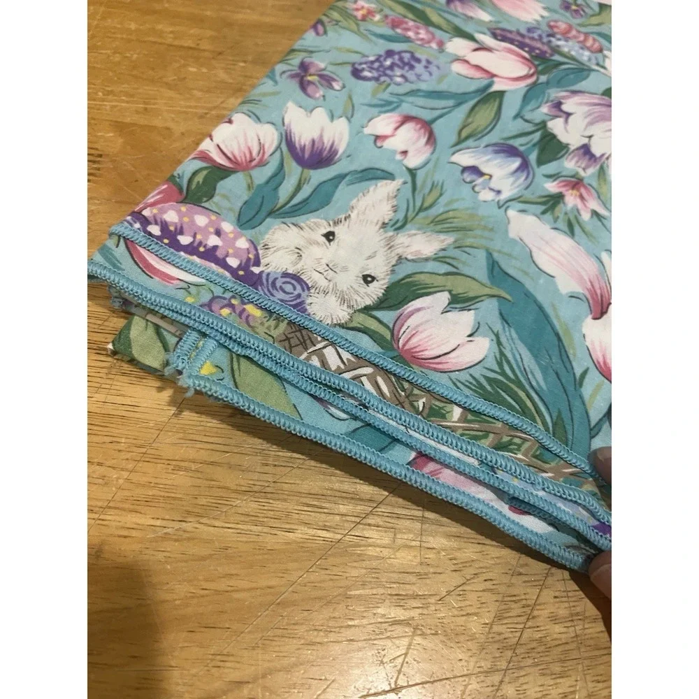 Vtg Easter Bunny Eggs Basket Floral Fabric Tablecloth 52x66